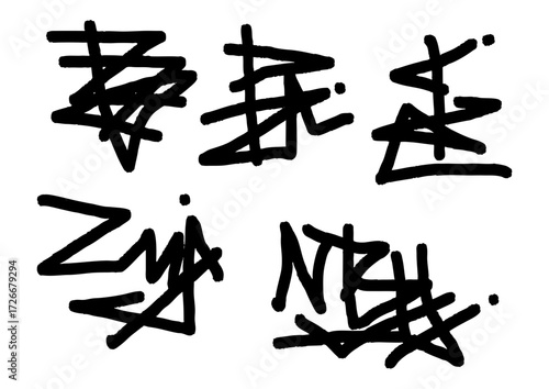 Abstract graffiti tags and scribbles with bold black lines on a white background