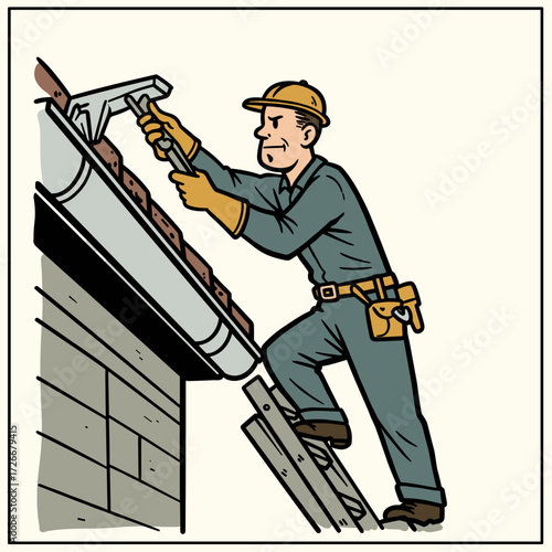 Man fixing roof gutter while standing on ladder at home  