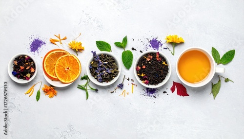 Assorted loose leaf teas in small bowls, topped with herbs and flowers, with a cup of tea