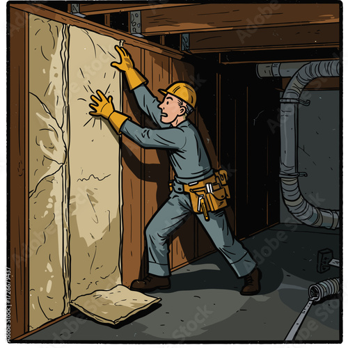 Man installing insulation in basement with safety gear and tools  