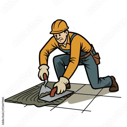 Construction worker applying tile adhesive on floor  