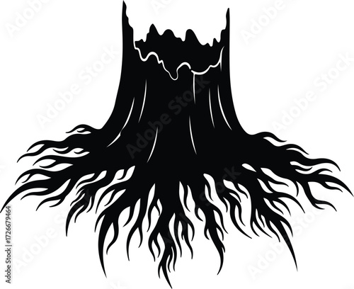 Vector Stump with roots black and white silhouette Illustrator