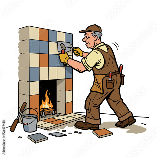 Man tiling fireplace wall with tools and colorful tiles  