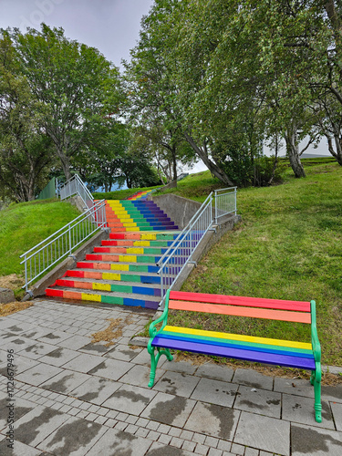 Wonderful view of a rainbow staircase in Akureyri, Iceland's second largest city. 