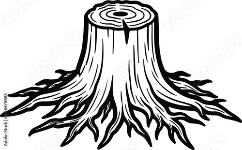 Vector Tree stump and roots black and white silhouette Illustrator