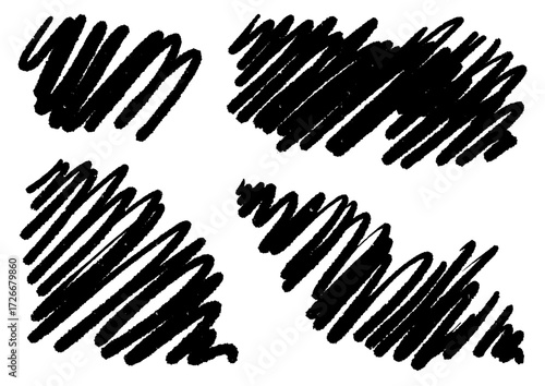 Set of four hand-drawn abstract scribbles in an expressionist style. Chaotic black marker pen strokes and messy textures isolated on a white background
