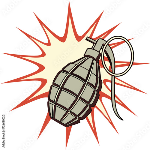 Vector illustration a bomb with fiery axis igniting, dramatic explosion effects glowing, isolated against a clean white background for impact