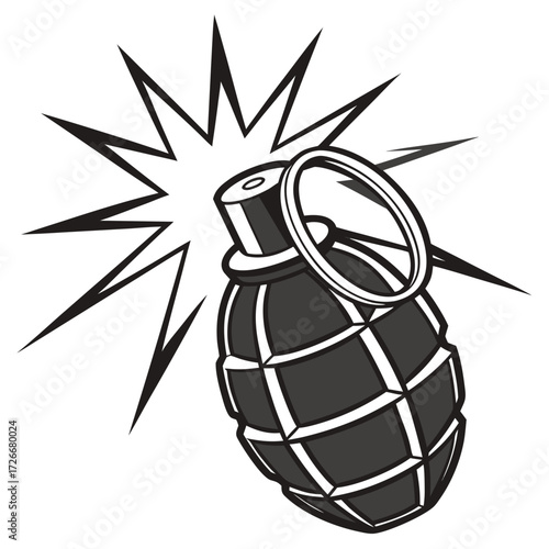 Vector illustration a bomb with fiery axis igniting, dramatic explosion effects glowing, isolated against a clean white background for impact