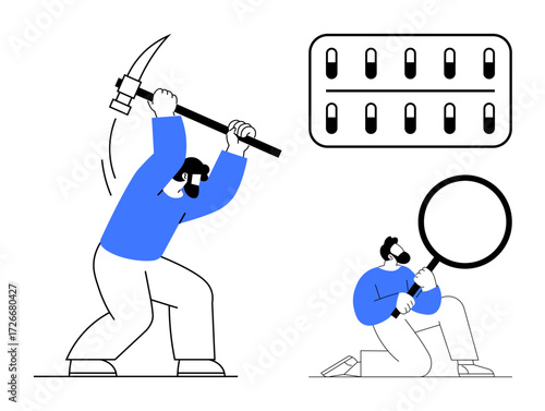 Miner breaking through data barriers, analyst using magnifying glass for inspection, and data panel. Ideal for data analysis, research, discovery, exploration, technology, teamwork and security