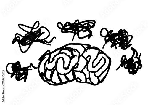 Abstract illustration of a human brain surrounded by chaotic scribbles, representing thoughts and ideas