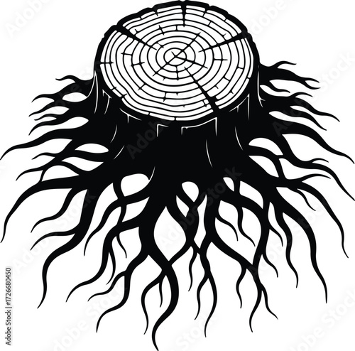 Vector Tree stump with roots and rings silhouette Illustrator