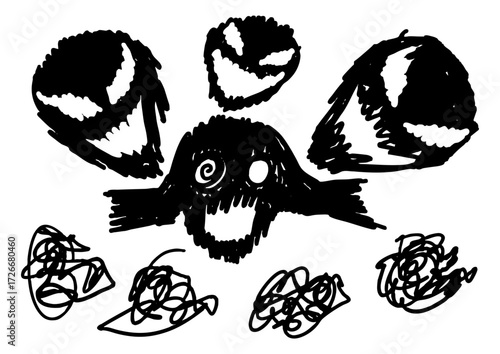 Abstract black and white cartoon faces with scribbled lines, evoking a sense of mystery and chaos