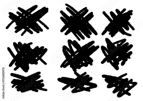 Nine abstract black scribbles arranged in a 3x3 grid on a white background