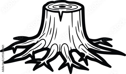Vector Tree stump with roots black graphic silhouette Illustrator