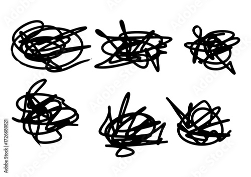 Six abstract black ink scribbles on a white background, representing chaos and artistic expression