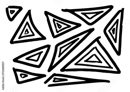 Dynamic abstract composition of scattered hand-drawn triangles, a bold monochrome geometric pattern on a white background