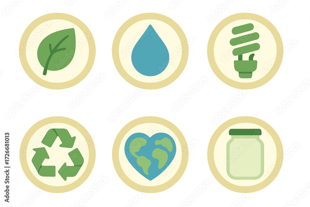 Obraz premium Collection of environmental sustainability icons featuring nature, water, energy, recycling, global care, and reusable packaging symbols