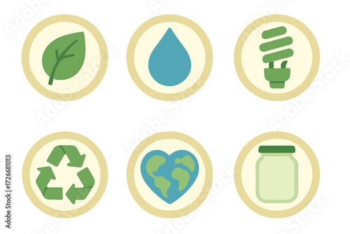 Collection of environmental sustainability icons featuring nature, water, energy, recycling, global care, and reusable packaging symbols