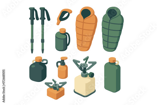 Essential camping and hiking equipment for outdoor adventures and wilderness exploration with sleeping bags and portable stoves