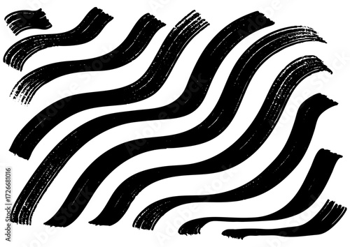 Abstract black and white brush strokes on a white background, creating a sense of movement and energy in a dynamic composition