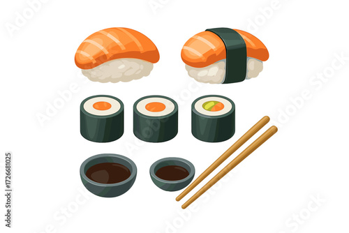 Traditional Japanese sushi assortment with maki rolls, nigiri, soy sauce, and chopsticks on a clean white background