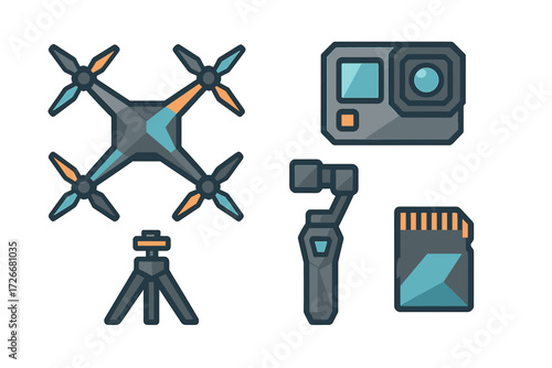 Essential tools for modern digital content creation including aerial drone action camera gimbal stabilizer tripod and memory card