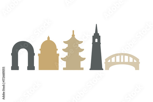 Iconic global city landmarks and famous architectural structures depicted as silhouettes, representing popular travel destinations worldwide