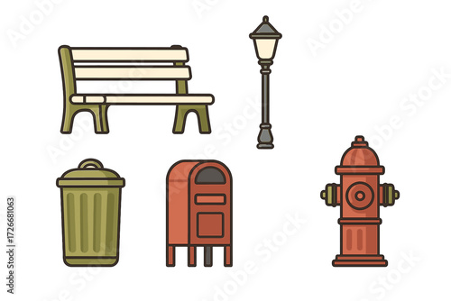 Essential urban park and street elements set featuring a bench, lamp, trash can, mailbox, and fire hydrant