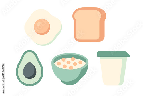Assortment of nutritious breakfast food items featuring fried egg, toast, avocado, cereal, and yogurt for a healthy start