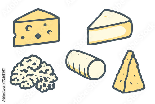 Assortment of various cheese types including Swiss, Brie, Parmesan, and cottage cheese on a clean white background