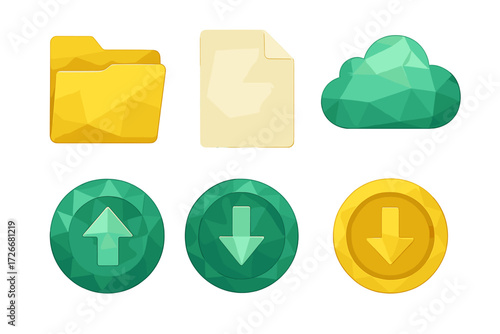 Modern polygonal icons for digital file management, cloud storage, data transfer, and web interface elements