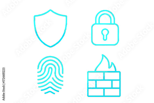 Cybersecurity and data protection symbols featuring shield, padlock, fingerprint, and firewall for digital safety