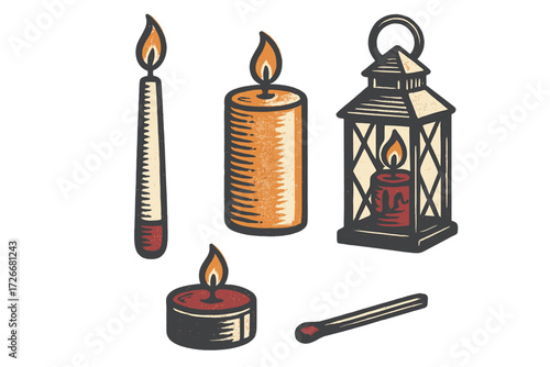 Collection of various burning candles, a decorative lantern, and a single matchstick for light and ambiance
