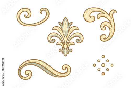 Collection of ornate golden scrollwork, classic fleur-de-lis emblem, and decorative ornamental flourishes with textured details
