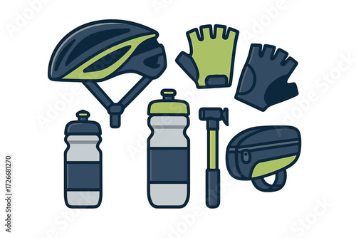 Cycling accessories set with helmet, gloves, water bottles, pump, and saddle bag for outdoor sports