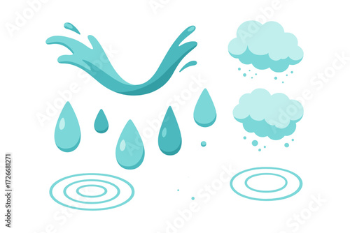 Stylized water drops, dynamic splashes, rain clouds, and surface ripples for weather and liquid design