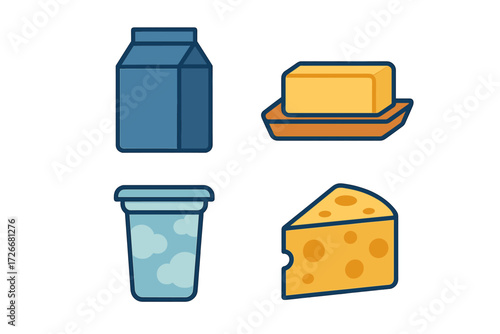 Assortment of fresh dairy products including a milk carton, a block of butter, a cup of yogurt, and a wedge of cheese