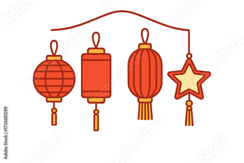 Festive collection of traditional Asian lanterns and a star-shaped decoration for cultural celebrations