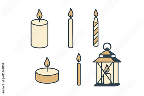 Lit candles in various shapes and sizes, including pillar, taper, tea light, and a decorative lantern with a burning flame