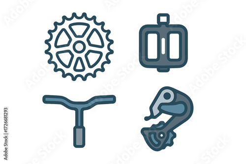 Collection of essential bicycle components including a sprocket, pedal, handlebar, and derailleur, depicted with a clean and modern design