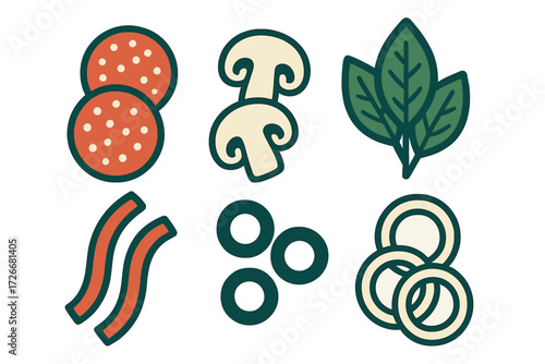 Delicious and fresh assortment of pizza toppings including pepperoni, mushrooms, spinach, bacon, olives, and onions on a white background