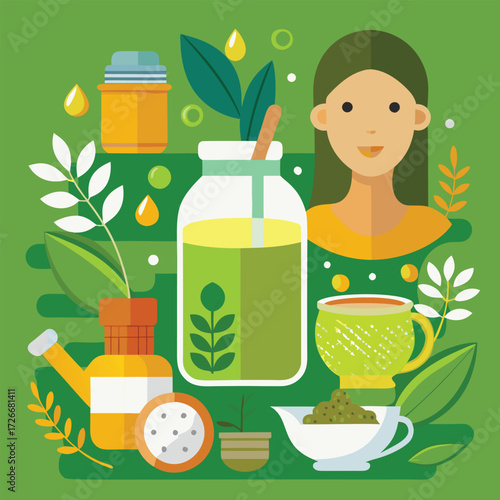 Woman with drinks and natural products