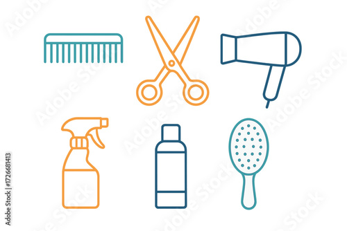 Essential hair care and styling tools set with comb, scissors, hairdryer, spray bottle, shampoo, and hairbrush