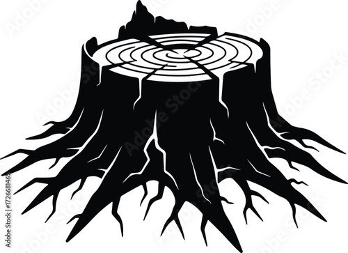 Vector Tree stump with visible roots silhouette Illustrator
