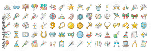 Colorful New Year Party Celebration Icons Set - Hand-drawn doodle style icons for New Year celebrations including fireworks, champagne, clocks, masks, decorations, and festive party elements.