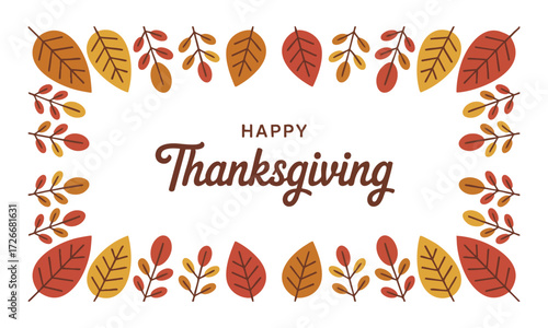 Happy Thanksgiving Greeting Card with Autumn Leaves Frame  Minimal Flat Vector Banner, easily editable.