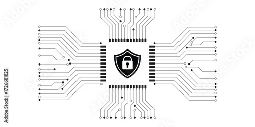 Digital technology concept, cyber security, data protection, internet network connection, prominent shield in HUD center on white background.