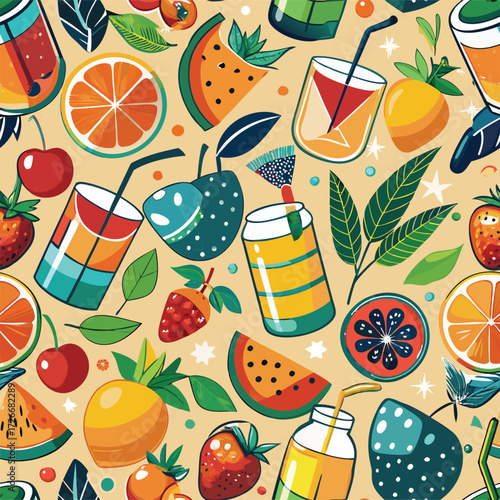 Fruit smoothie pattern with colorful drinks and fruit slices