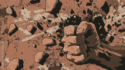 A powerful fist emerging from the earth illustration