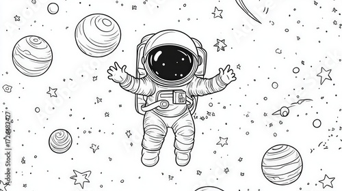 An astronaut floats through space surrounded by stars, planets, and cosmic debris. The scene blends exploration, wonder, and the vast mystery of the universe in a playful and imaginative style.